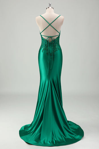 Green Mermaid V-Neck Spaghetti Straps Satin Applique Sweep Train Prom Dress with Ruffles