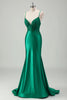 Load image into Gallery viewer, Green Mermaid V-Neck Spaghetti Straps Satin Applique Sweep Train Prom Dress with Ruffles