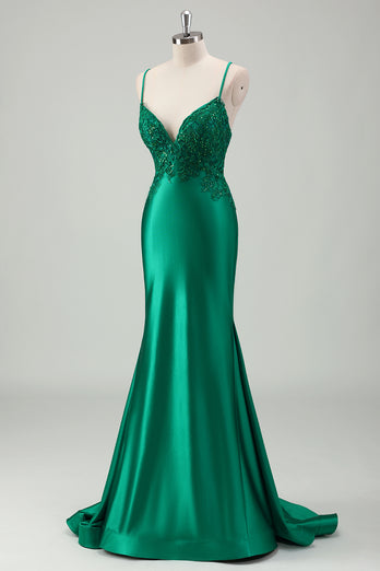 Green Mermaid V-Neck Spaghetti Straps Satin Applique Sweep Train Prom Dress with Ruffles