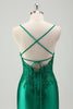 Load image into Gallery viewer, Green Mermaid V-Neck Spaghetti Straps Satin Applique Sweep Train Prom Dress with Ruffles