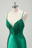 Load image into Gallery viewer, Green Mermaid V-Neck Spaghetti Straps Satin Applique Sweep Train Prom Dress with Ruffles