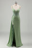 Load image into Gallery viewer, Light Green Mermaid V-Neck Spaghetti Straps Applique Prom Dress with Slit