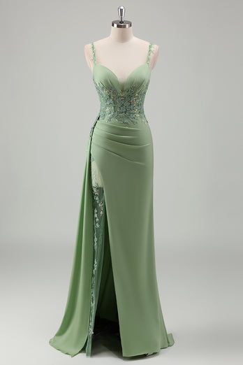 Light Green Mermaid V-Neck Spaghetti Straps Applique Prom Dress with Slit