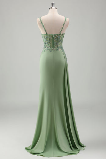 Light Green Mermaid V-Neck Spaghetti Straps Applique Prom Dress with Slit