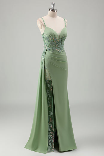 Light Green Mermaid V-Neck Spaghetti Straps Applique Prom Dress with Slit