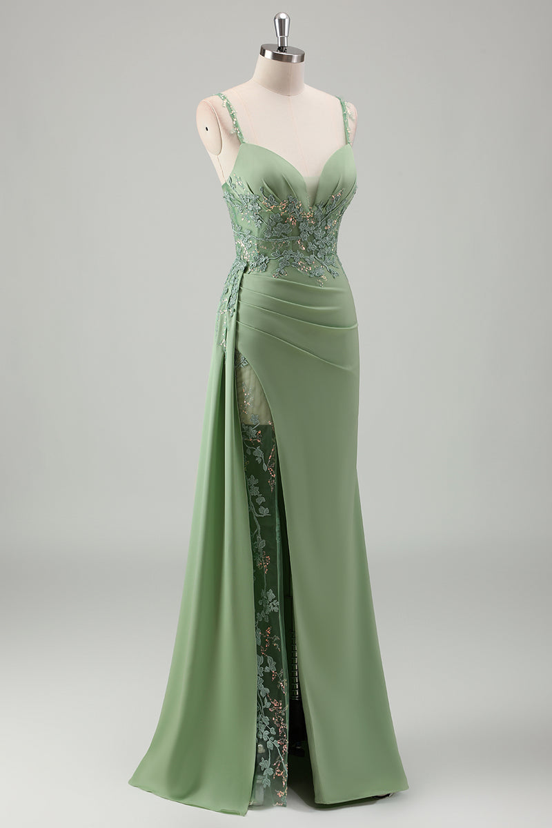 Load image into Gallery viewer, Light Green Mermaid V-Neck Spaghetti Straps Applique Prom Dress with Slit