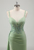 Load image into Gallery viewer, Light Green Mermaid V-Neck Spaghetti Straps Applique Prom Dress with Slit