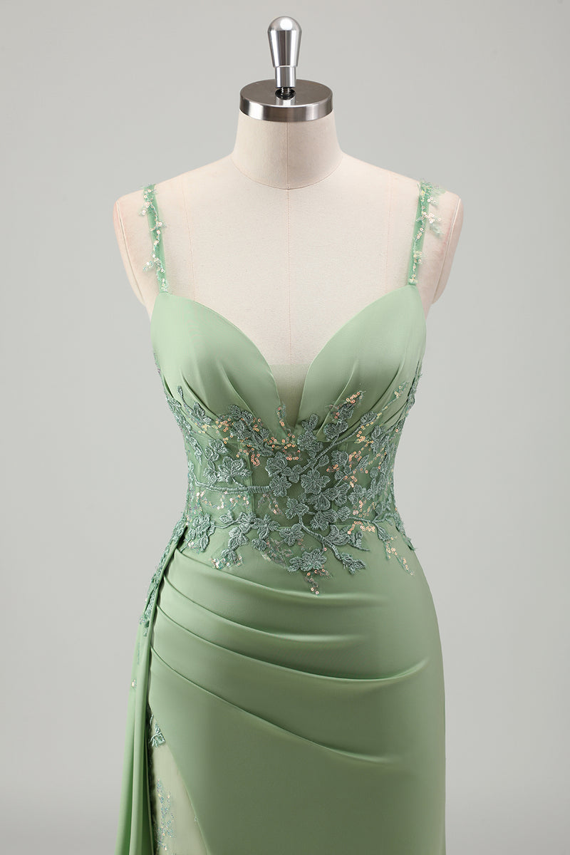 Load image into Gallery viewer, Light Green Mermaid V-Neck Spaghetti Straps Applique Prom Dress with Slit