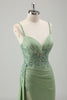 Load image into Gallery viewer, Light Green Mermaid V-Neck Spaghetti Straps Applique Prom Dress with Slit