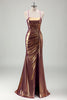 Load image into Gallery viewer, Golden Mermaid  Square Neck Crossed Straps Sweep Train Prom Dress with Slit