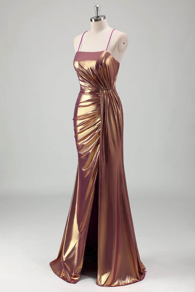 Load image into Gallery viewer, Golden Mermaid  Square Neck Crossed Straps Sweep Train Prom Dress with Slit