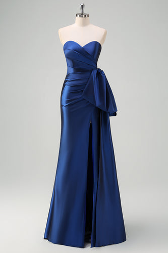 Dark Blue Strapless Bownot Prom Dress with Slit