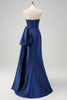 Load image into Gallery viewer, Dark Blue Strapless Bownot Prom Dress with Slit