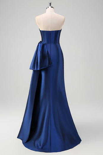 Dark Blue Strapless Bownot Prom Dress with Slit