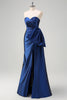 Load image into Gallery viewer, Dark Blue Strapless Bownot Prom Dress with Slit