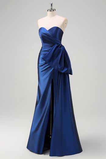 Dark Blue Strapless Bownot Prom Dress with Slit