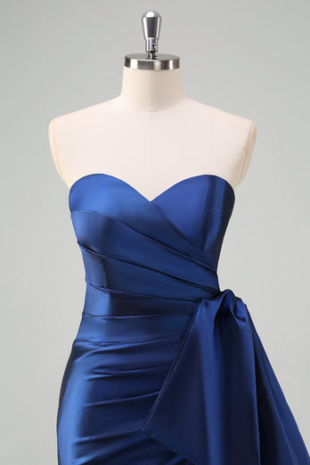 Dark Blue Strapless Bownot Prom Dress with Slit