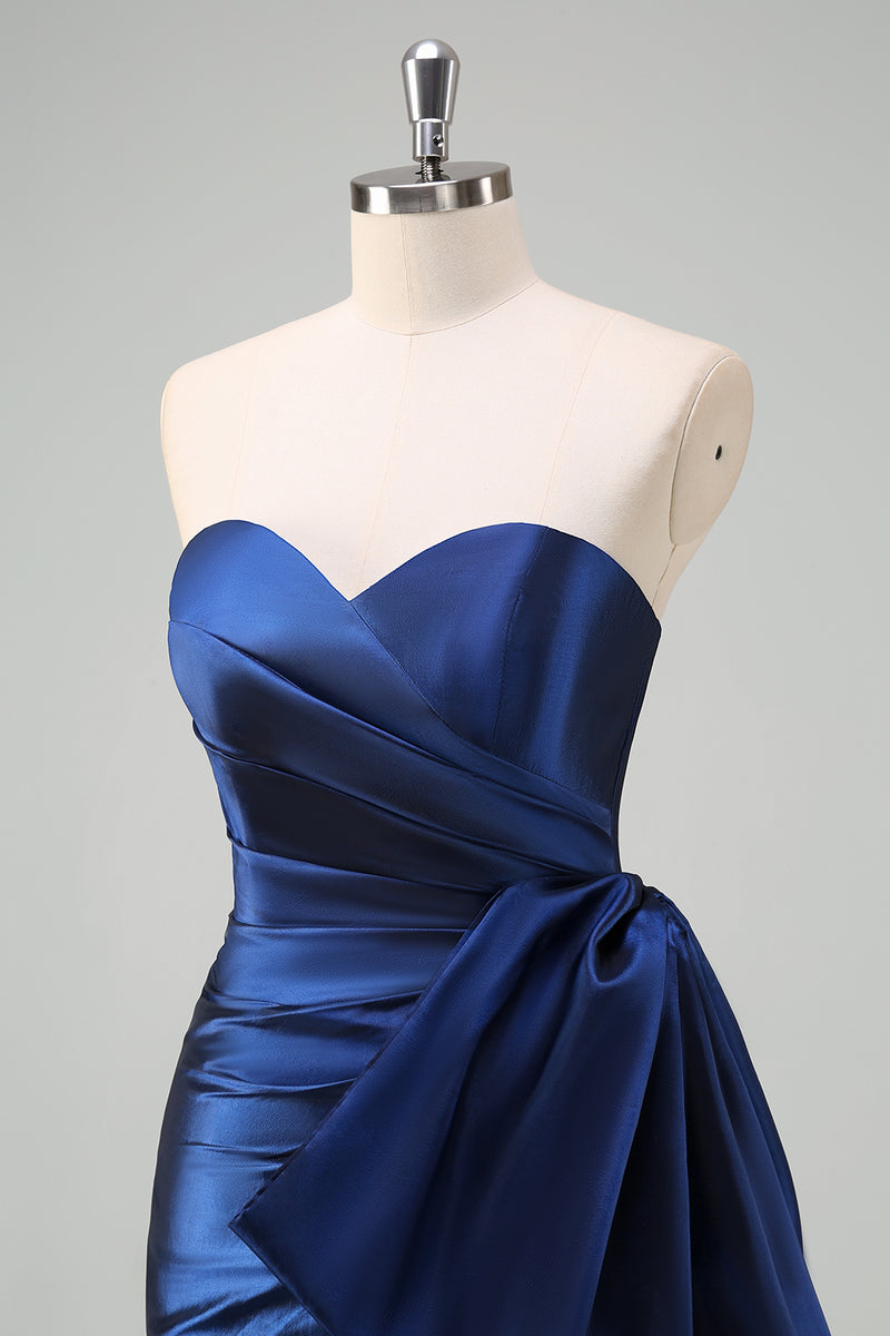 Load image into Gallery viewer, Dark Blue Strapless Bownot Prom Dress with Slit