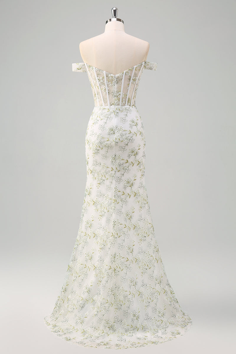 Load image into Gallery viewer, Floral Light Green Corset Embroidered Prom Dress with Slit