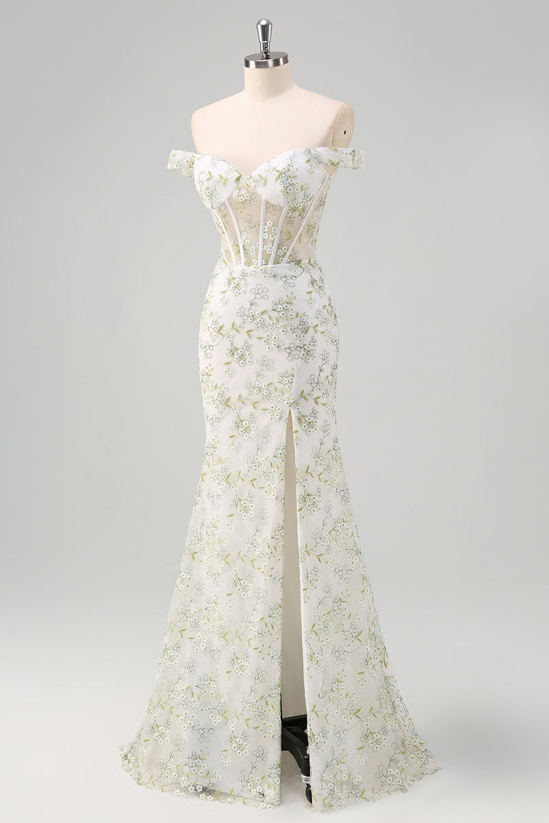 Load image into Gallery viewer, Floral Light Green Corset Embroidered Prom Dress with Slit