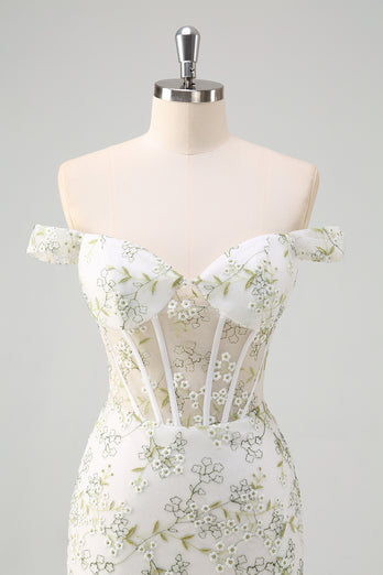 Floral Light Green Corset Embroidered Prom Dress with Slit