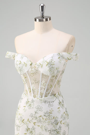 Floral Light Green Corset Embroidered Prom Dress with Slit