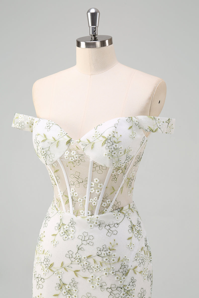 Load image into Gallery viewer, Floral Light Green Corset Embroidered Prom Dress with Slit