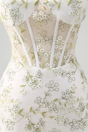 Floral Light Green Corset Embroidered Prom Dress with Slit