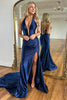 Load image into Gallery viewer, Navy Neck Collar Illusion Mermaid Long Prom Dress with Slit