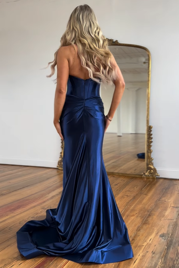 Navy Neck Collar Illusion Mermaid Long Prom Dress with Slit