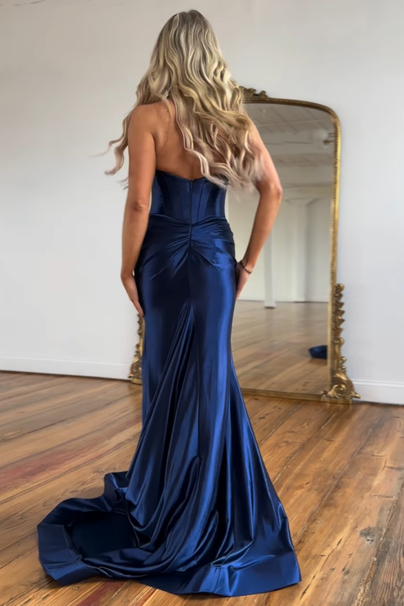 Load image into Gallery viewer, Navy Neck Collar Illusion Mermaid Long Prom Dress with Slit