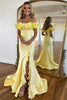 Load image into Gallery viewer, Yellow Off the Shoulder Corset Mermaid Long Prom Dress with Slit