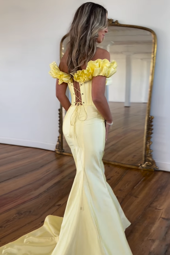 Yellow Off the Shoulder Corset Mermaid Long Prom Dress with Slit