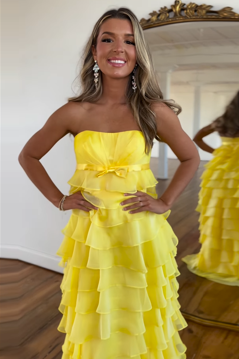 Load image into Gallery viewer, Yellow Strapless Tulle A-Line Long Prom Dress with Bow