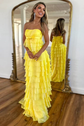 Yellow Strapless Tulle A-Line Long Prom Dress with Bow