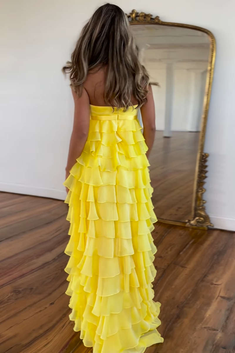 Load image into Gallery viewer, Yellow Strapless Tulle A-Line Long Prom Dress with Bow