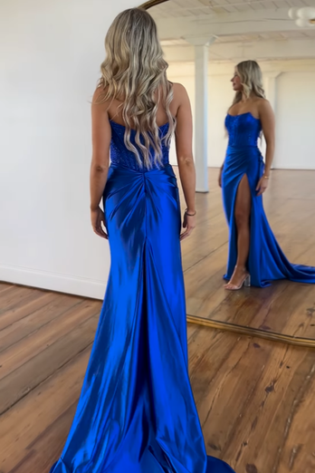 Royal Blue Corset Mermaid Satin Long Prom Dress with Slit