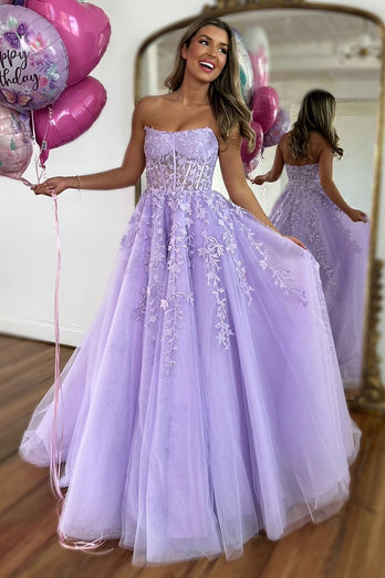 Lilac A-Line Corset Strapless Long Prom Dress with Appliques