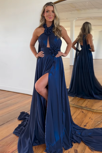 Navy A-Line Neck Collar Floral Long Prom Dress with Slit