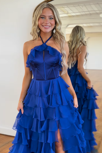 Royal Blue Neck Collar A-Line Tulle Long Prom Dress with Slit