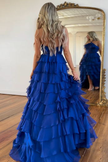 Royal Blue Neck Collar A-Line Tulle Long Prom Dress with Slit