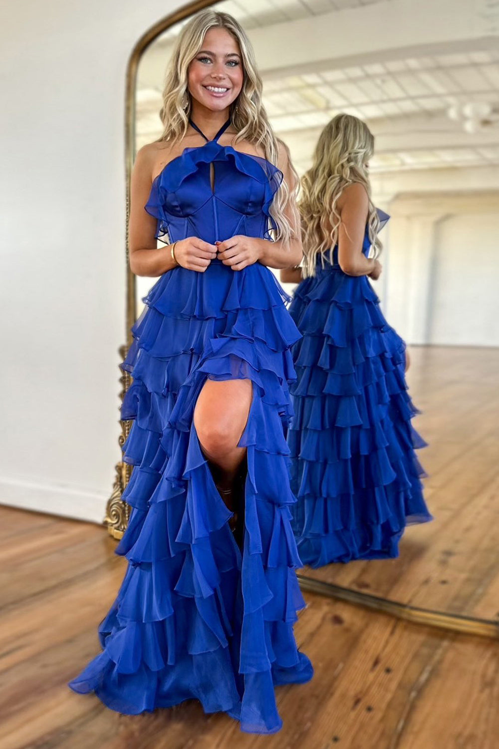 Royal Blue Neck Collar A-Line Tulle Long Prom Dress with Slit