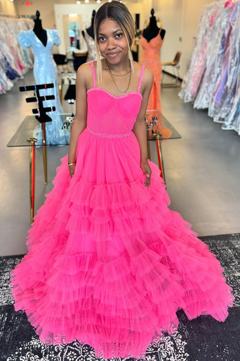 Pink Corset Spaghetti straps A-Line Tulle Long Prom Dress