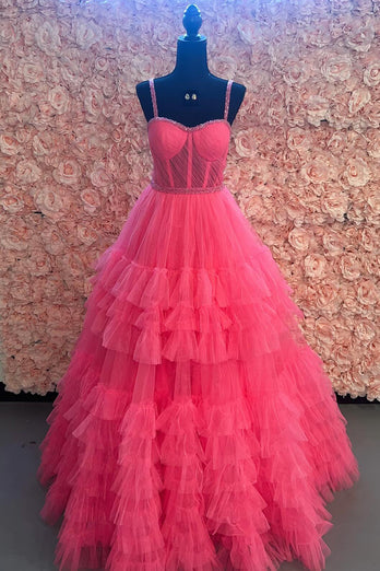 Pink Corset Spaghetti straps A-Line Tulle Long Prom Dress