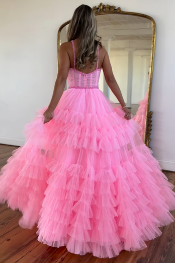 Pink Corset Spaghetti straps A-Line Tulle Long Prom Dress