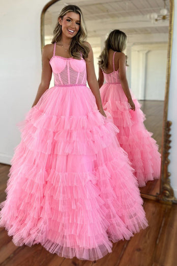 Pink Corset Spaghetti straps A-Line Tulle Long Prom Dress