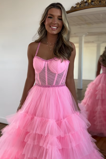 Pink Corset Spaghetti straps A-Line Tulle Long Prom Dress