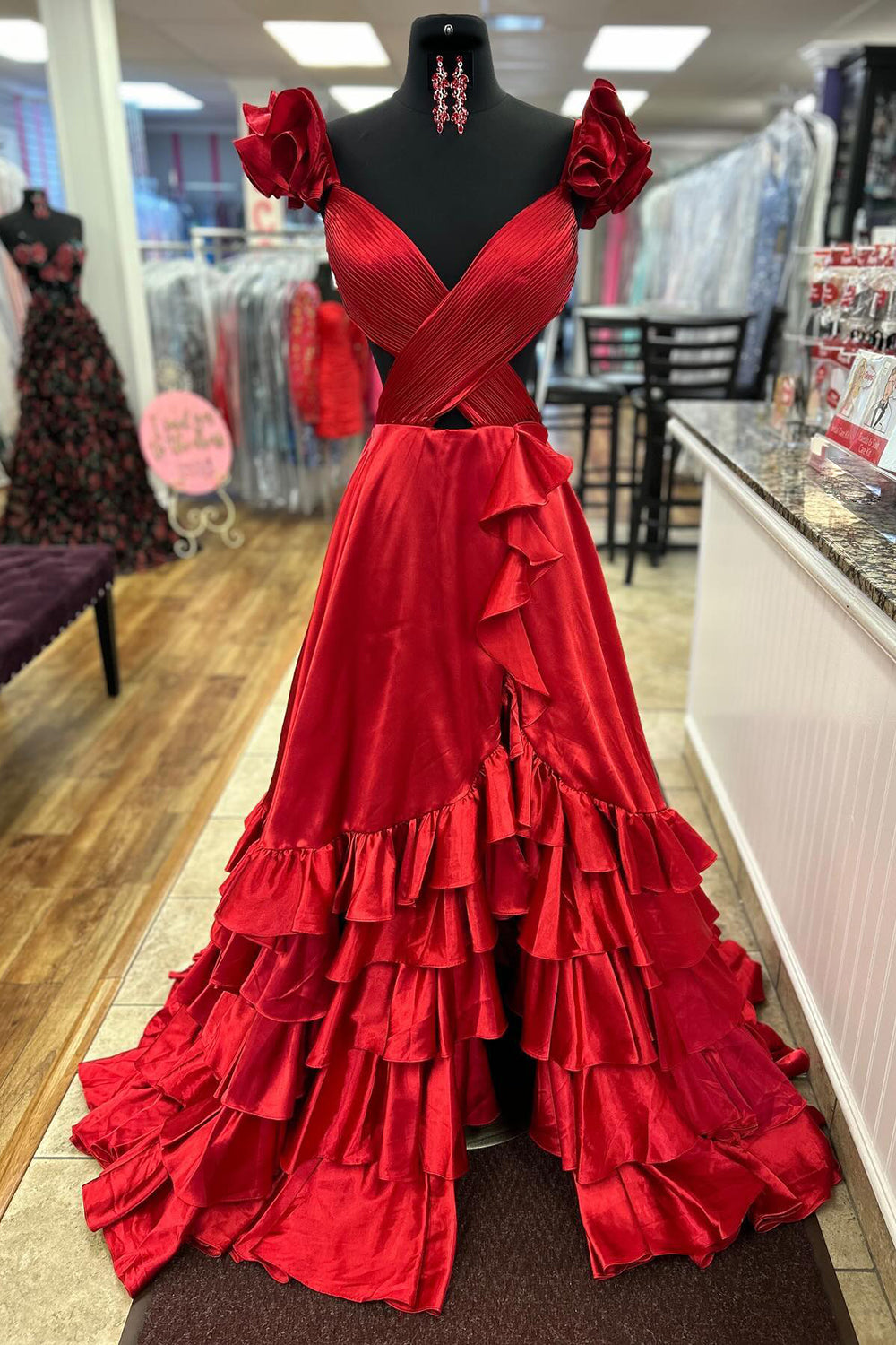 Red A-Line Satin A-Line Long Prom Dress with Slit