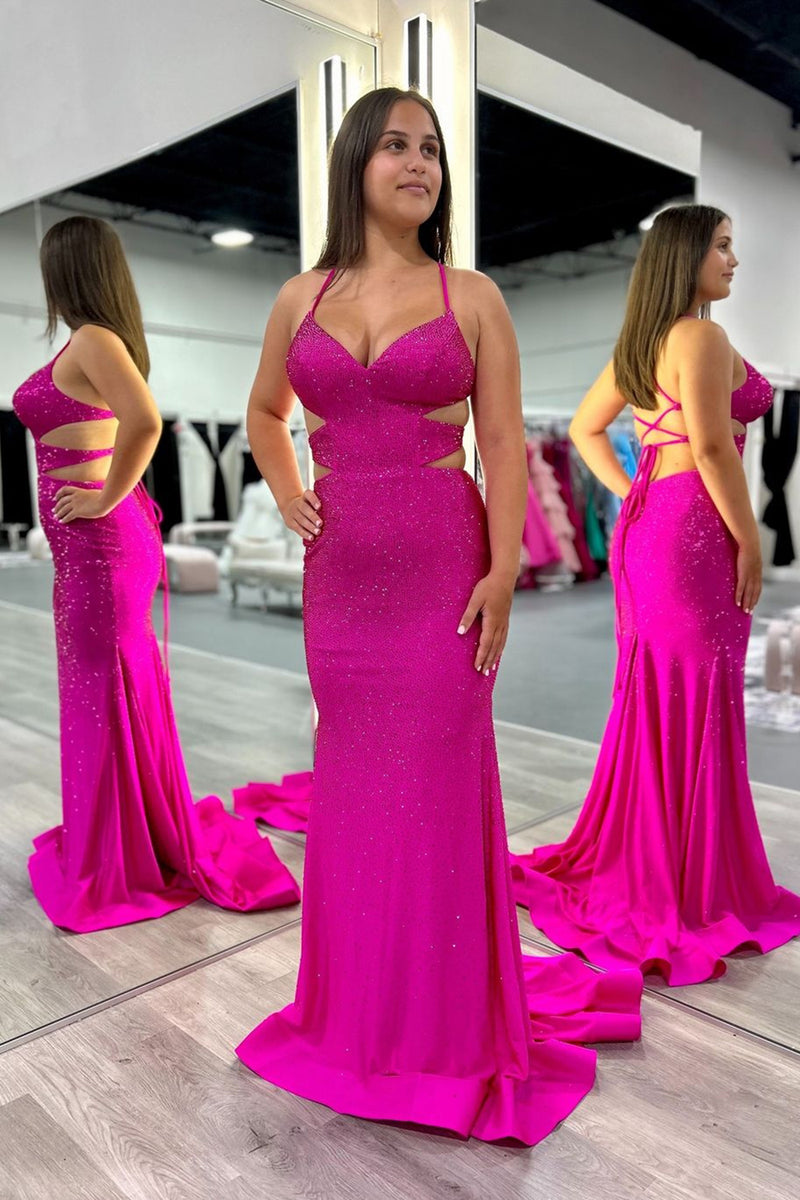 Load image into Gallery viewer, Sparkly Fuchsia Mermaid Spaghetti Straps Long Prom Dress with Sequins