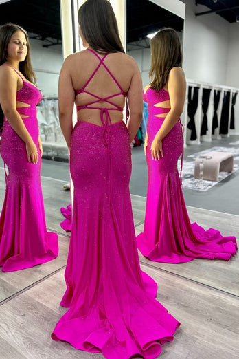 Sparkly Fuchsia Mermaid Spaghetti Straps Long Prom Dress with Sequins